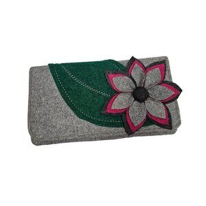 Shiraleah Grey Wool Felt Clutch With Floral‎ Applique & Pink Lining